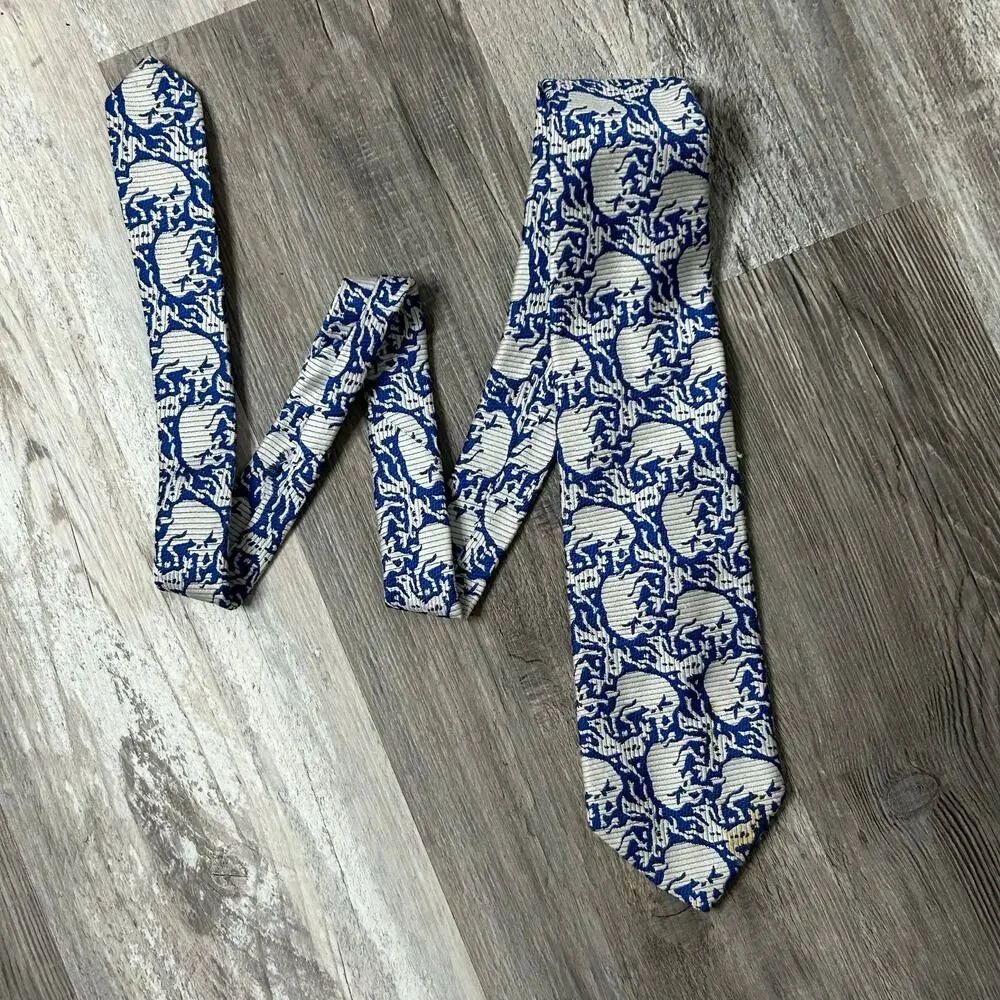 BURMA Blue White Patterned Silk Tie Abstract Vintage Style embroidered